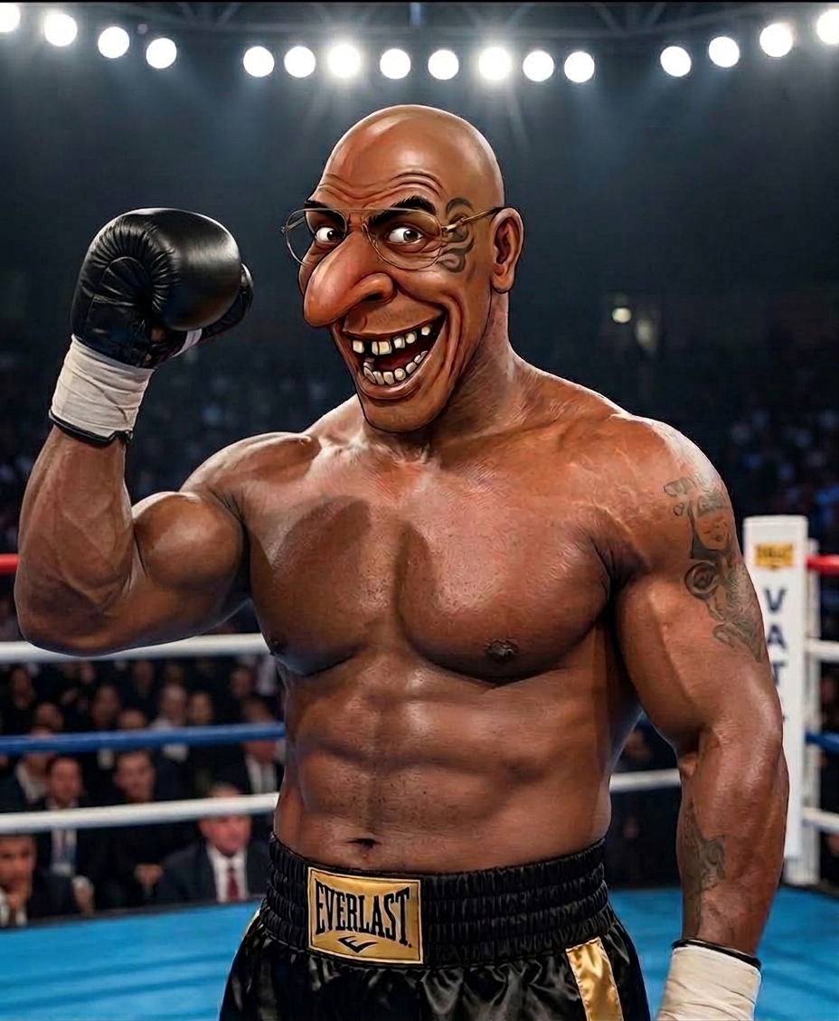 The Mike Tyson cartoon in a boxing ring, grinning with glasses, black gloves, and black-and-gold trunks